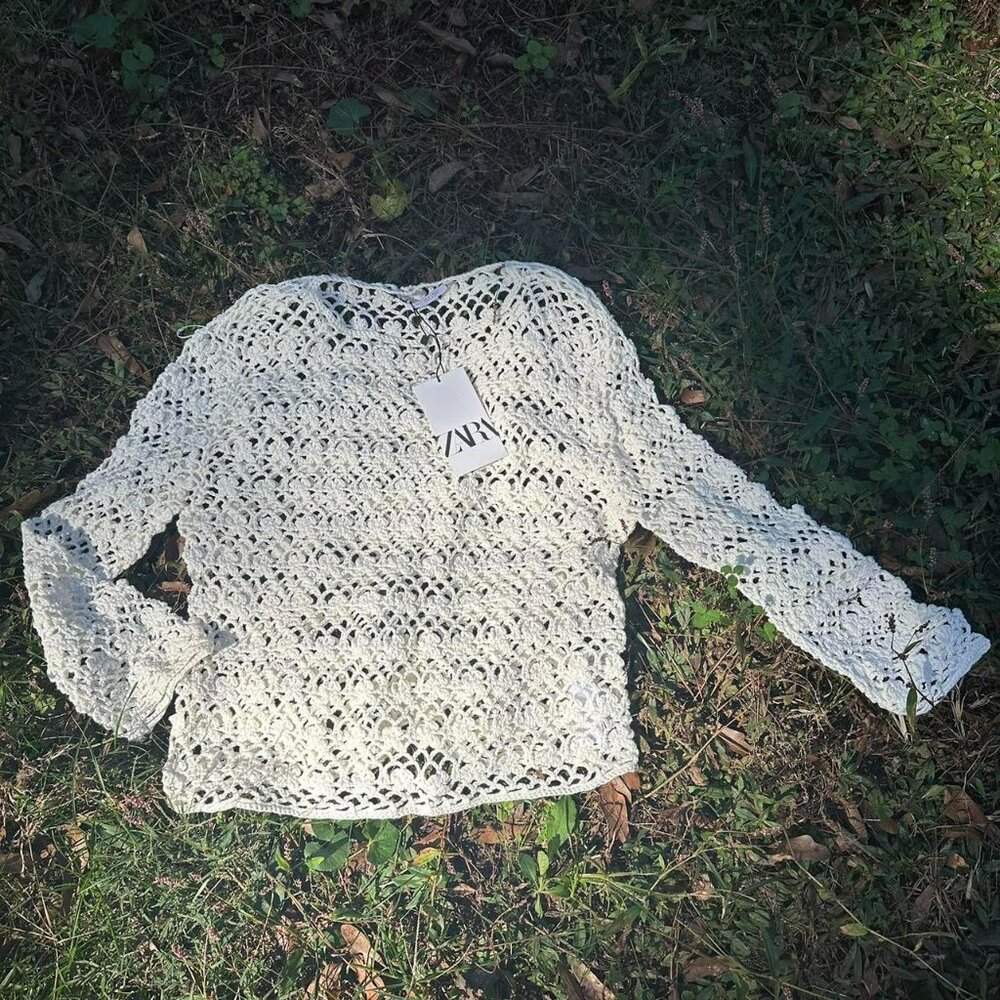 Zara White Crochet Long-Sleeve Top